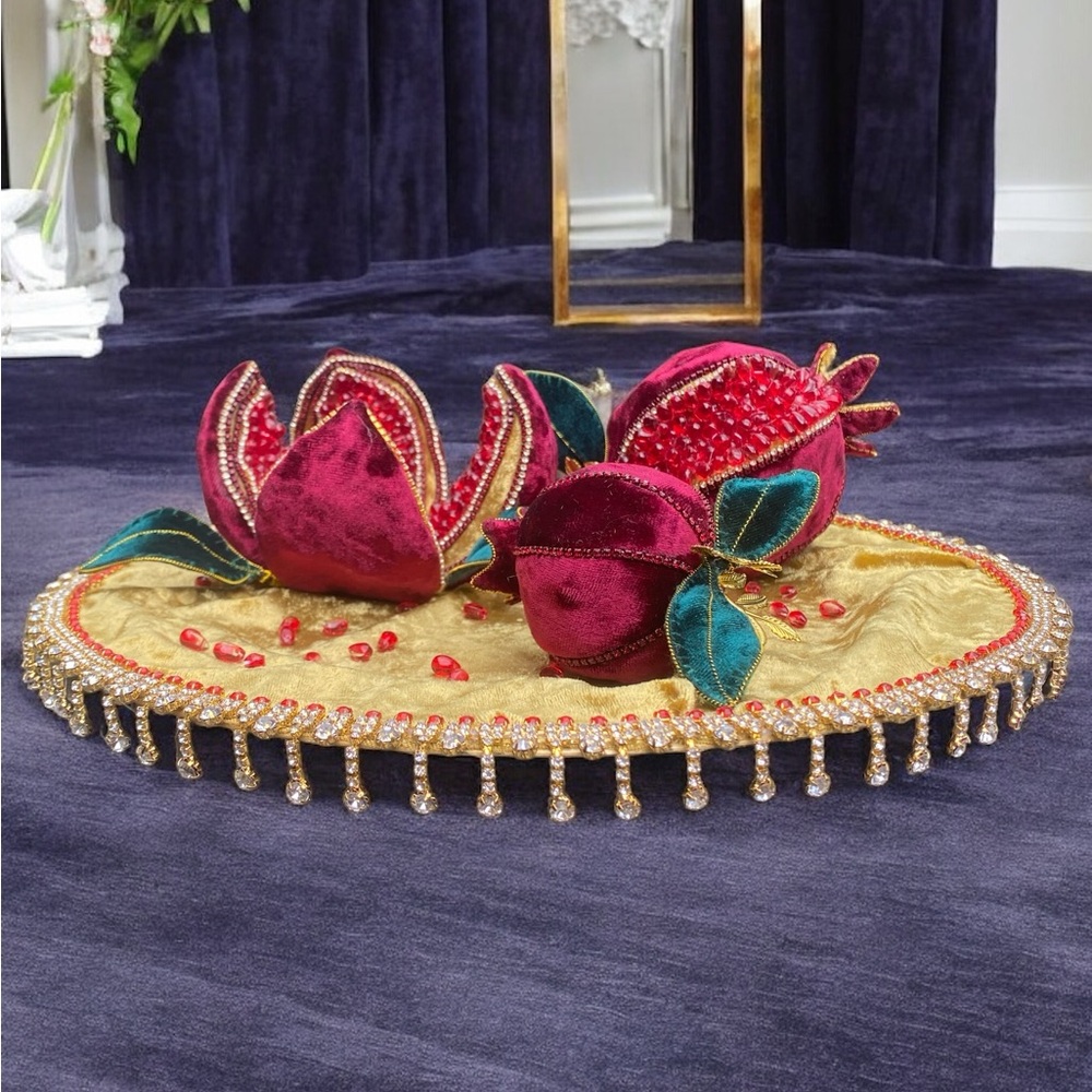 Handmade velvet pomegranate set of 3. Home decor. Christmas decor.